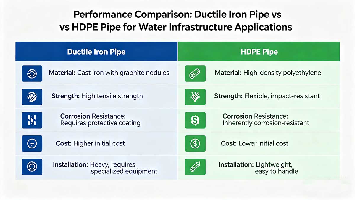 Performance comparison: Ductile iron pipe vs HDPE pipe for water infrastructure applications