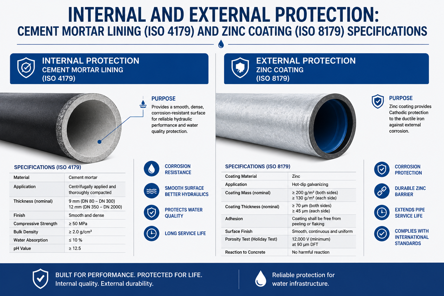Internal and external protection: Cement mortar lining (ISO 4179) and zinc coating (ISO 8179) specifications