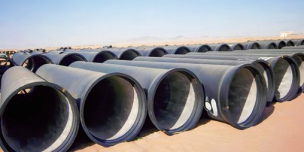 Close-up detail of a ductile iron pipe socket and spigot joint connection