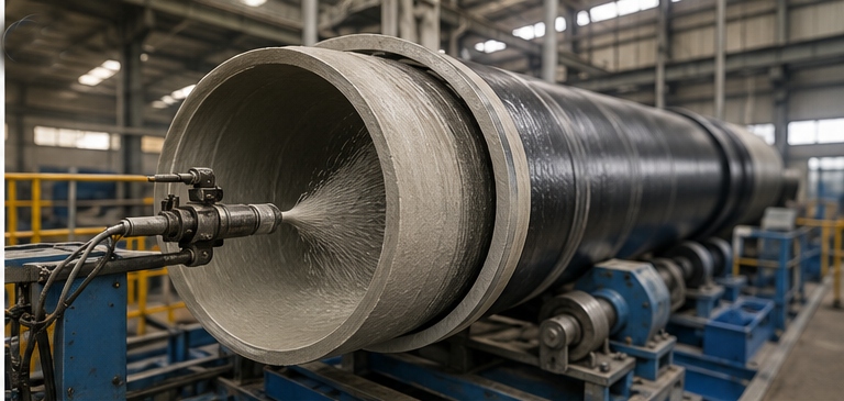 Centrifugal application of cement mortar lining inside a ductile iron pipe during manufacturingjpg Centrifugal application of cement mortar lining inside a ductile iron pipe during manufacturingjpg