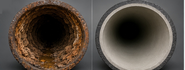 Comparison between corroded unlined iron pipe and smooth cement lined ductile iron pipe interior Comparison between corroded unlined iron pipe and smooth cement lined ductile iron pipe interior