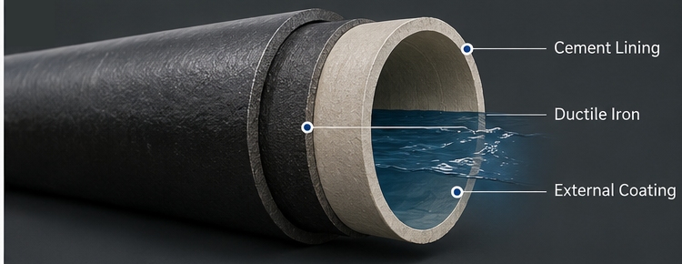 Cross-sectional view of a cement lined ductile iron pipe showing lining, pipe wall, and water flow Cross-sectional view of a cement lined ductile iron pipe showing lining, pipe wall, and water flow
