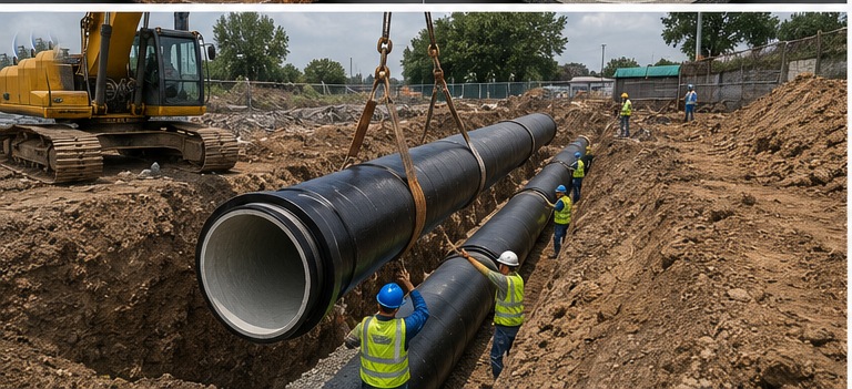 Installation of cement lined ductile iron pipes in a municipal water supply construction project Installation of cement lined ductile iron pipes in a municipal water supply construction project