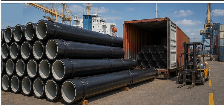 Cement lined ductile iron pipes prepared for international shipment at a container port Cement lined ductile iron pipes prepared for international shipment at a container port