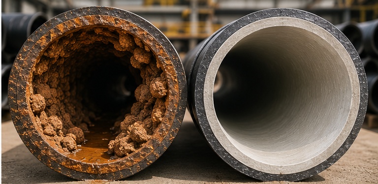 Comparison of unlined iron pipe with tuberculation and smooth cement lined ductile iron pipe interior Comparison of unlined iron pipe with tuberculation and smooth cement lined ductile iron pipe interior