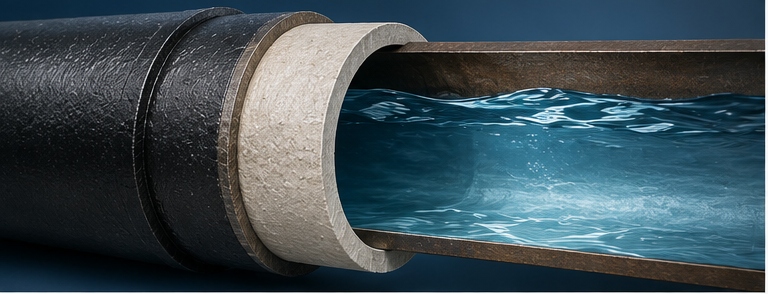 Cross-sectional illustration showing how cement mortar lining isolates water from the ductile iron pipe wall Cross-sectional illustration showing how cement mortar lining isolates water from the ductile iron pipe wall