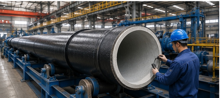 Cement lined ductile iron pipes undergoing manufacturing and quality inspection in a modern factory Cement lined ductile iron pipes undergoing manufacturing and quality inspection in a modern factory