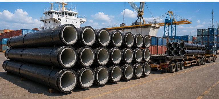 Cement lined ductile iron pipes prepared for international infrastructure project shipment Cement lined ductile iron pipes prepared for international infrastructure project shipment