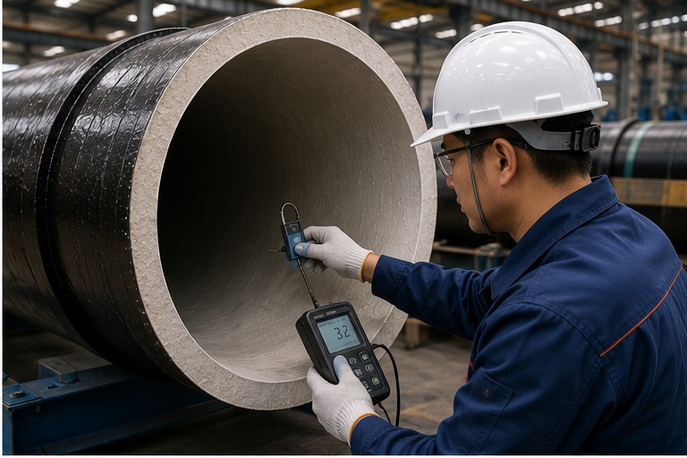 Quality inspector measuring cement mortar lining inside a ductile iron pipe Quality inspector measuring cement mortar lining inside a ductile iron pipe