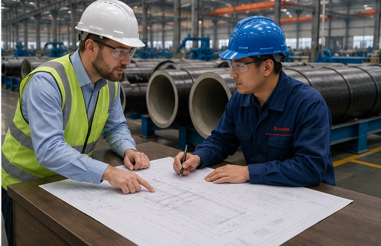 International buyer reviewing ductile iron pipe production with factory engineers International buyer reviewing ductile iron pipe production with factory engineers